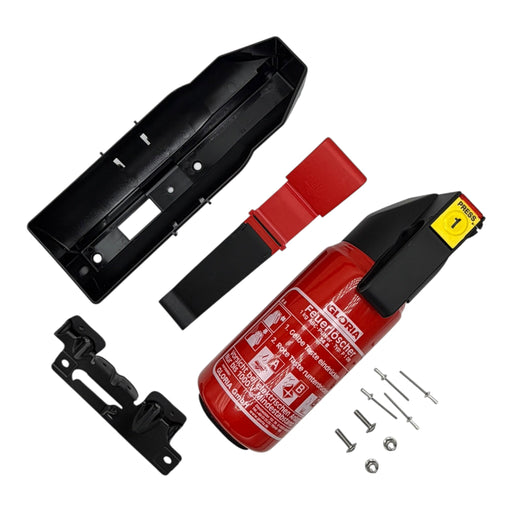 Mercedes AMG GTR OEM fire extinguisher kit installed in car interior