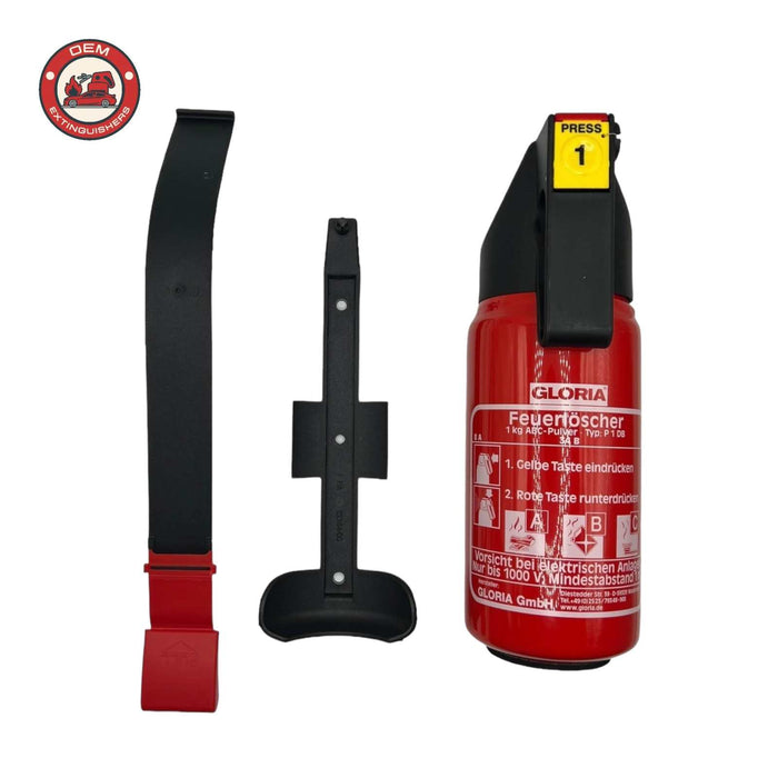 McLaren OEM fire extinguisher kit with bracket and strap for 570, 650, 720, 750, and Artura models mounted in frunk