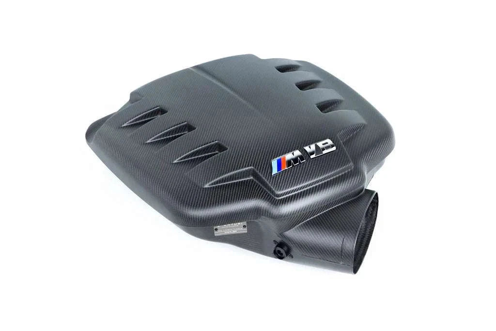 Eventuri E9X M3 matte carbon fiber inlet plenum with V8 badge and carbon weave finish