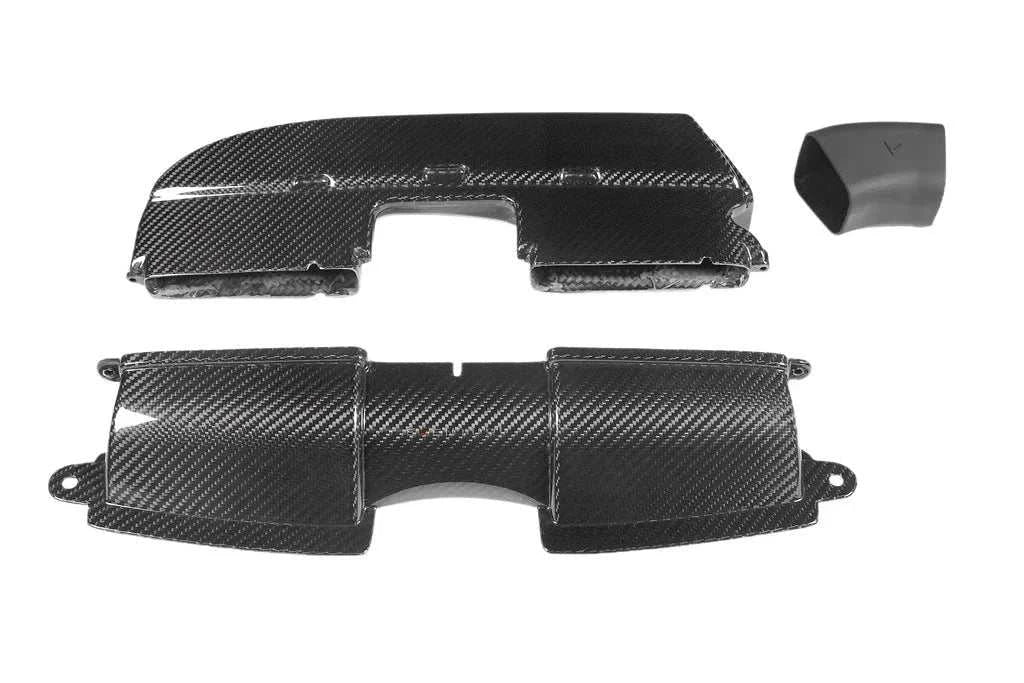 Eventuri E9X M3 gloss carbon fiber front and rear air ducts with custom EPDM coupler