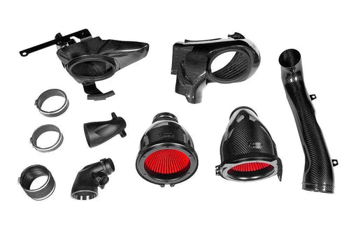 Eventuri G8X carbon fiber intake system with red high flow filters and turbo inlets for BMW G8X M2, M3, M4 models