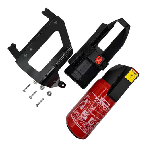 Lamborghini Huracan STO/Sterrato fire extinguisher kit with a red metal extinguisher, black holder and mounting bracket, and silver hardware.