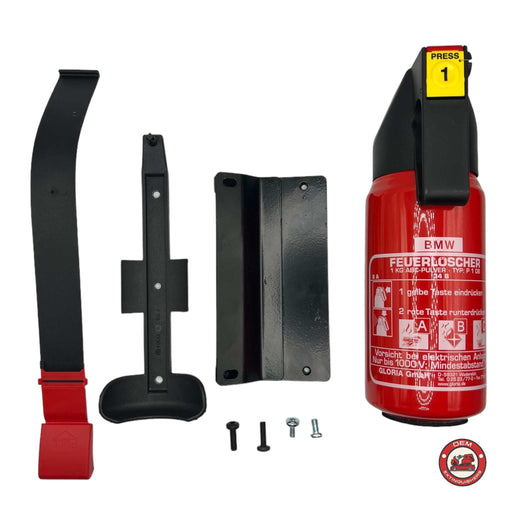 BMW E39E60 OEM fire extinguisher kit with reproduction brackets and mounting hardware