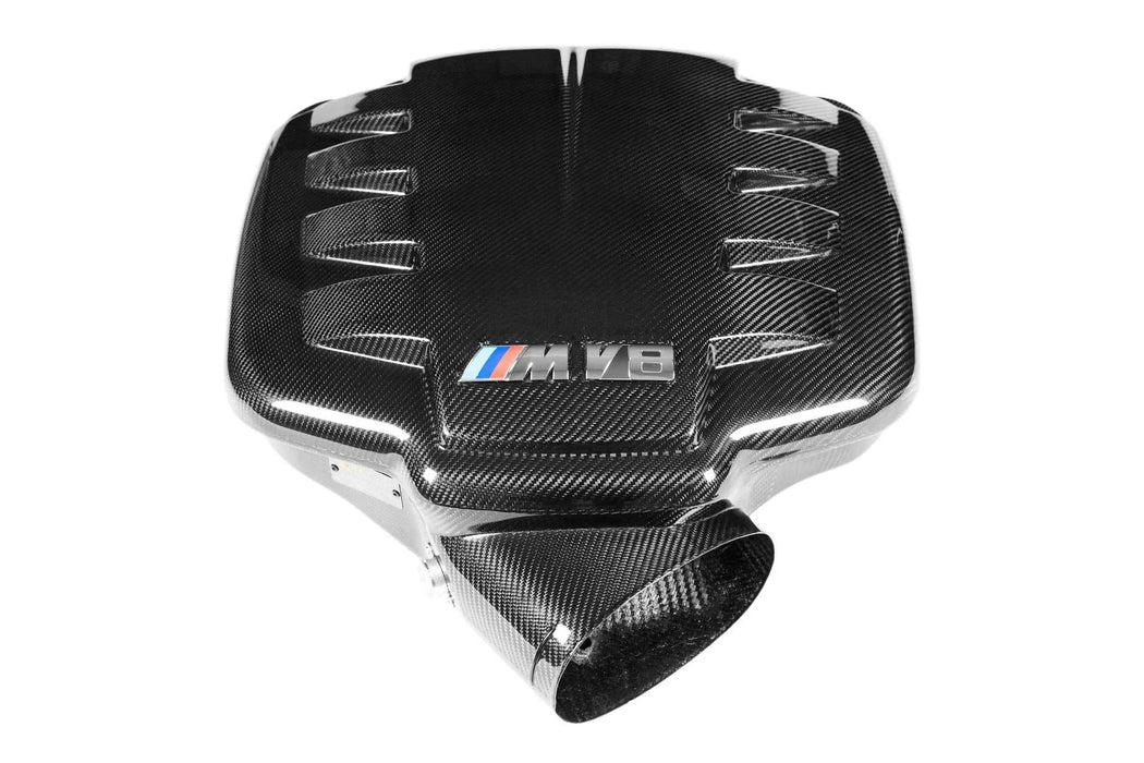 Eventuri E9X M3 matte carbon fiber inlet plenum with M V8 badge and carbon texture finish