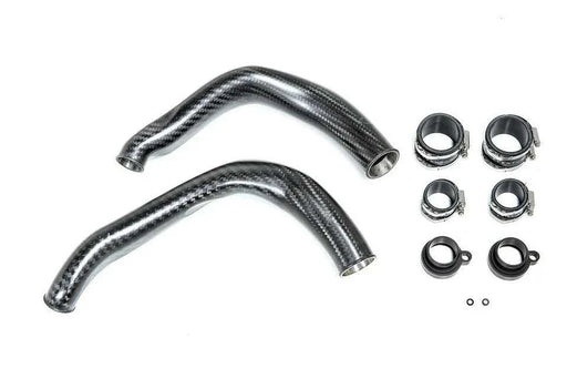 Eventuri F8X carbon fiber charge pipes with CNC machined turbo flanges and silicone couplers for F87 M2, F80 M3, F82 M4 vehicles
