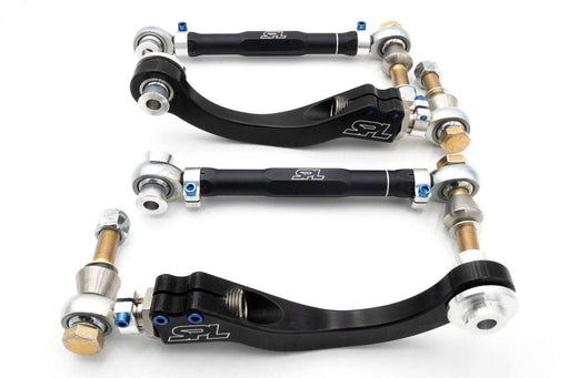 BMW G8X Rear Upper Control Arms by SPL Parts with adjustable aluminum arms and Teflon-lined rod ends for camber alignment.