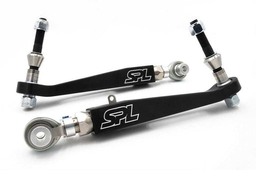 Pair of SPL Parts BMW G8X Front Lower Control Arms made of black billet aluminum with chromoly adjusters and titanium hardware