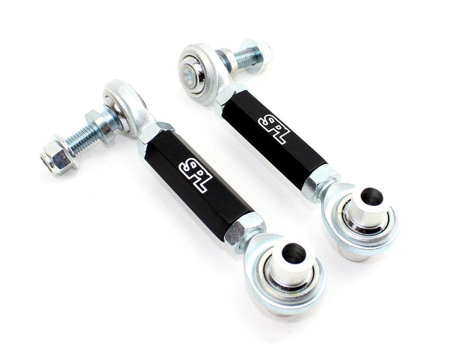 Pair of SPL Parts adjustable black aluminum BMW F8XG8X rear endlinks with Teflon lined bearings and chromoly studs for high articulation and load capacity
