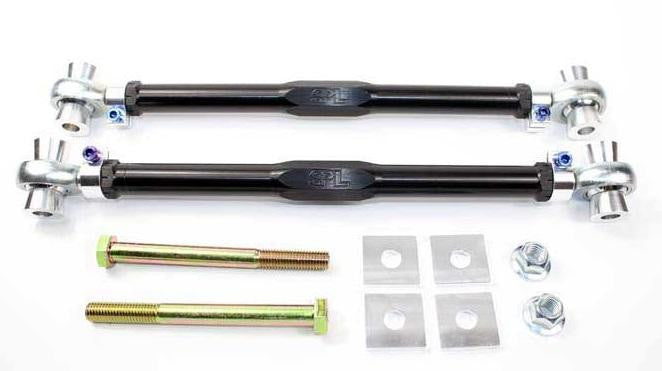 SPL Parts black anodized rear toe links with eccentric lockout kit for BMW E9X/E8X M models including hardware